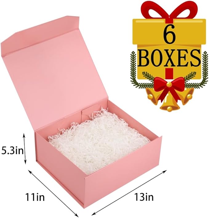 6 Pink Gift Boxes, 13x11x5.3 Inch, Magnetic Lids, Crinkle Paper, Perfect for Birthdays and Gift-Giving Occasions-NeatNest