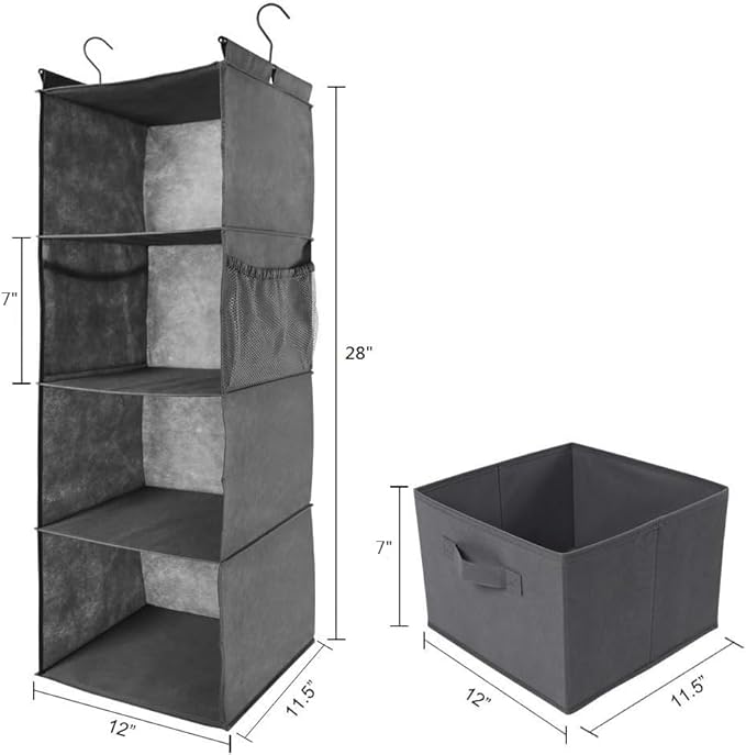 MAX Houser 4-Shelf Hanging Closet Organizer, Space Saver, Cloth Hanging Shelves with 2 Side Pockets, Foldable (Grey)-NeatNest
