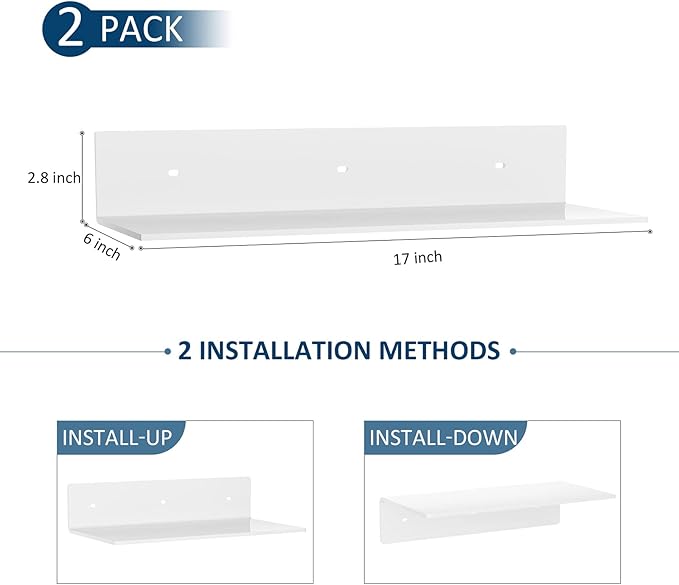 2 Pack White Acrylic Floating Shelves 17 Inches, Wall Hanging Bathroom Shelves, Wall Storage Shelf for Kitchen, Dining Room, Living Room, Bedroom, Bathroom, Retail, Supermarket-NeatNest