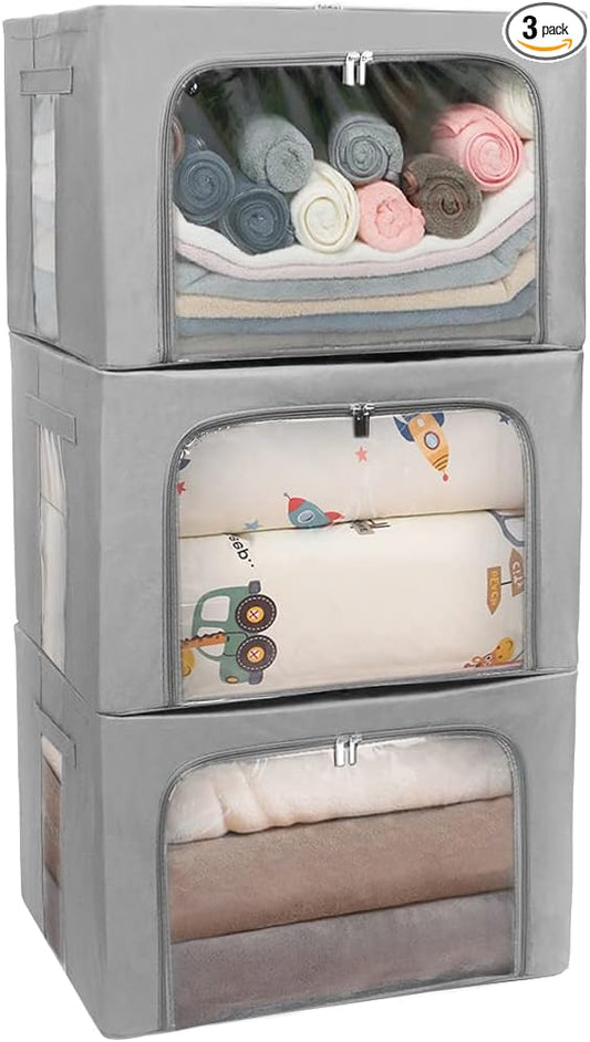 Stackable Clothes Storage Box for Clothing Gadgets,Steel Frame Storage Bins for Toys Gift,Foldable Oxford Fabric Closet Organizer Bag Set with Carry Handles Clear Window (Large- 66L x3 Pack, Grey)-NeatNest