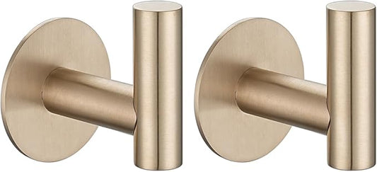 JQK Self Adhesive Towel Hook Champagne Bronze, No Drill Stick on Coat Robe Clothes Wall Hook for Bathroom 2 Pack, 304 Stainless Steel, ATH110-CB-P2
