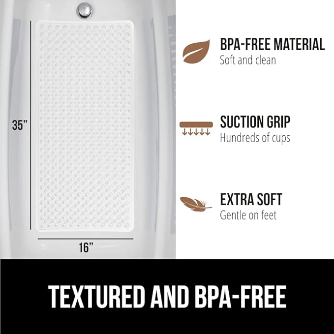 GORILLA GRIP Patented Bath Tub Shower Mat, Machine Washable Bathtub Floor Liner Mats, Suction Cups and Drain Holes to Keep Tubs Clean, Soft on Feet, Bathroom Essentials, 35x16 Inch, White-NeatNest