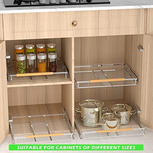 Expandable Pull Out Drawer Cabinet Organizers, Heavy Duty Slide Out Storage Shelf for Home Kitchen Pantry Cupboard Pots Pans, Adjustable Width from 12.1"~18.4", Stainless Steel 2 Pack-NeatNest