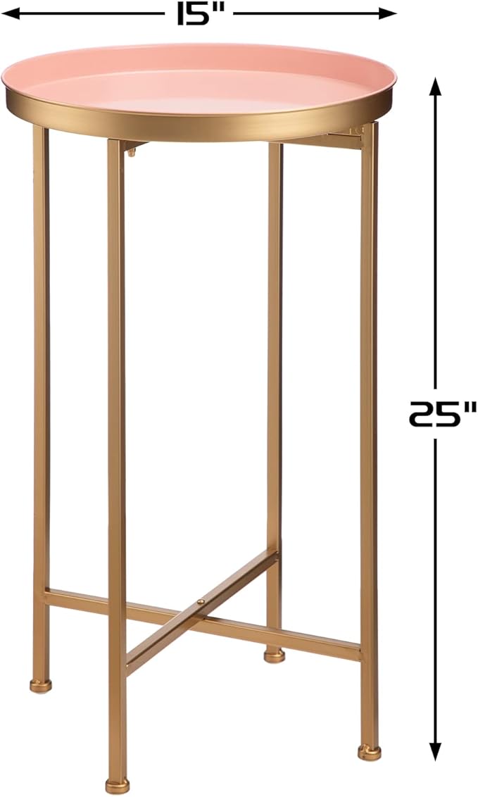HollyHOME Small Round Metal End Table, Accent Indoor&Outdoor Coffee Side Table, Snack Sofa Table for Living Room, Anti-Rust Decorative Plant Stand, (D) 14.5" x(H) 25", Gold&Pink-NeatNest