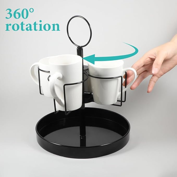 4 Mugs Stand Holder, Rotatable Metal Coffee & Beer Mug Rack with Tray Cups Drink Stand for Parties Countertop-NeatNest