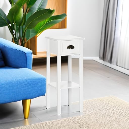 HOMCOM 2-Tier Side Table with Drawer, Narrow End Table with Bottom Shelf, for Living Room, Set of 1, White