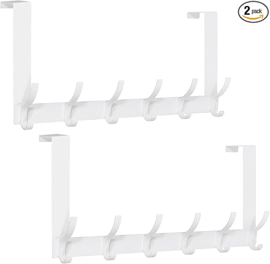 2 Pack Over The Door Hook，Door Hanger for Hanging，Over Door Hanger Holder for Coat Robe Hat Clothe Towels，Towel Racks for Bathroom with 12 Coat Hooks (White, 2 Pack-6 Hooks)