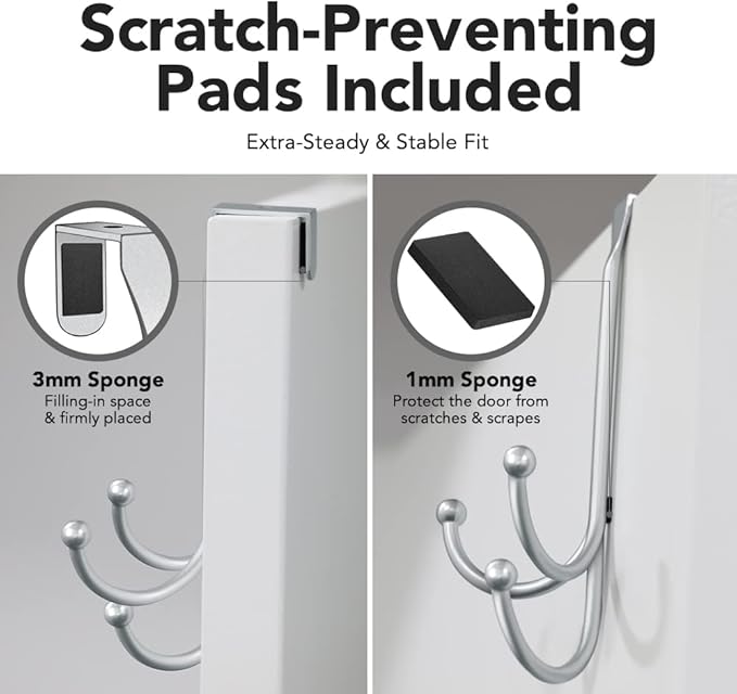 2-Pack Over The Door Hook - with 3 Hang Heads & Snug Fit Pads- 2Pcs Heavy Duty Hooks for Hanging Coats, Towels, Caps & Robes - Elegant Matt Finish - No Drill Hanger Organizer - Silver