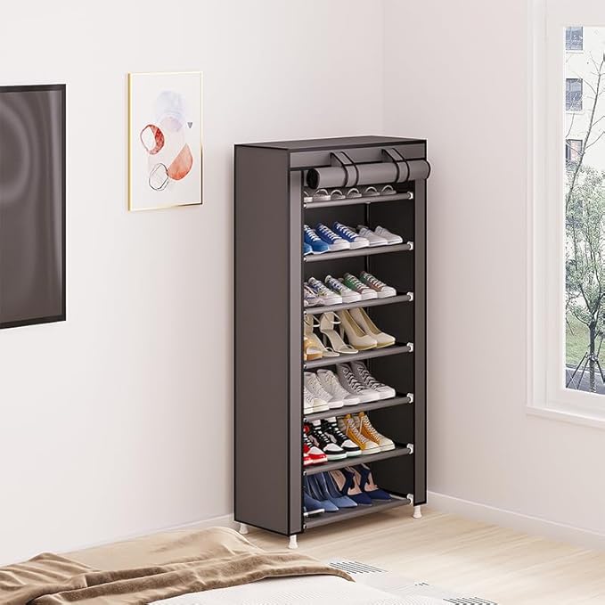 Calmootey 7 Tier Shoe Rack Organizer,Portable Shoe Shelf with Nonwoven Fabric Cover for Closet Hallway,Bedroom,Entryway,Grey-NeatNest