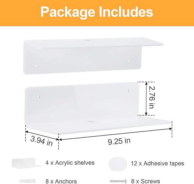 9 Inch Acrylic Floating Shelf No Drill Adhesive Wall Shelf Set of 4 for Funko Pop Storage, Floating Shelves Damage-Free Expand Wall Space for Living Room, Bathroom, Gaming Room, Office - White