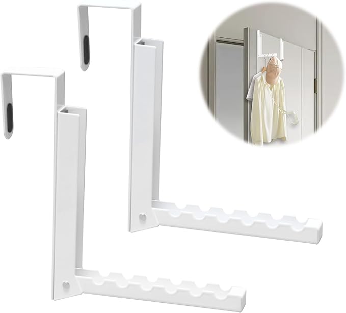 2PCS Over The Door Drying Racks, Folding Over Door Hanger Hooks, Portable Travel Space Saving Collapsible Coat Towel Racks for Clothes, Coats, Towels, Laundry, Bedroom, White