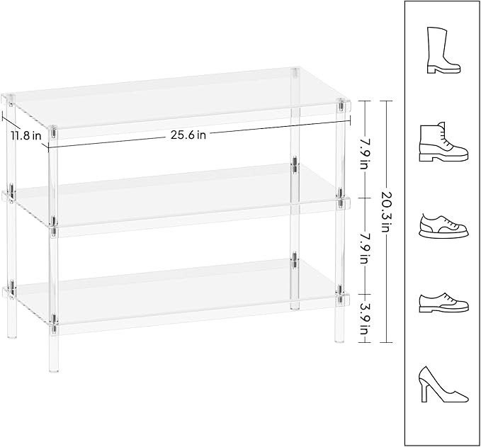 Aquiver 3-Tier Acrylic Shoe Rack - Modern Freestanding Shoe Storage Shelf for Entryway, Closet - 25.6'' L x 11.8'' W x 20.3'' H, Easy Assembly & Clean-NeatNest