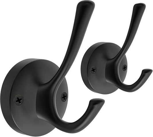 Black Towel Hooks, 2 Pack Coat Robe Hook Heavy Duty Metal Double Bathrobe Hook Wall Mounted, Hand Towels Hooks for Cubicle Bathroom Kitchen Closet Garage-NeatNest