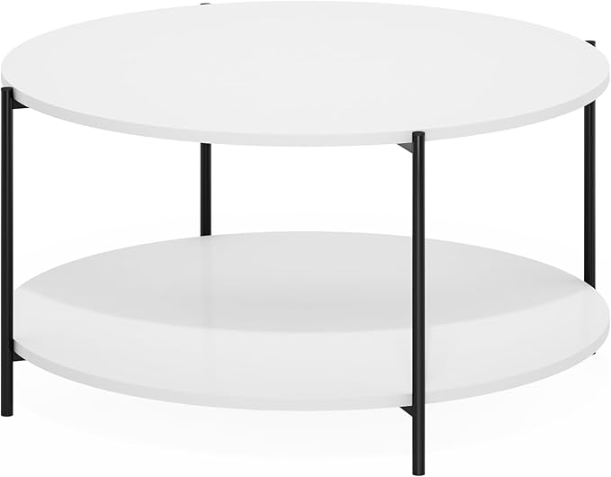 Furinno Besi 2-Tier Modern Round Coffee Table Table with Sturdy Metal Legs, White/Black-NeatNest