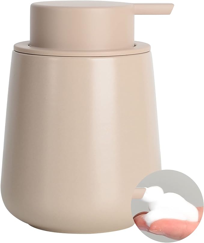 BosilunLife Foam Hand Soap Dispenser - 12 oz Bathroom Lotion Pump for Kitchen and Hand Wash - Khaki Ceramic Dish Liquid Dispenser-NeatNest