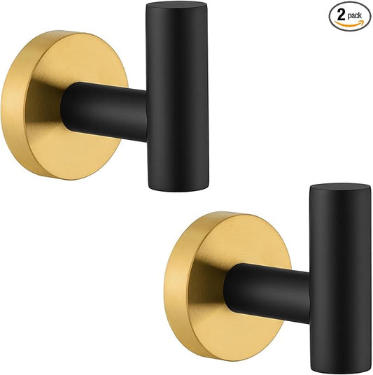 APLusee Robe Towel Hook 2 Pack Black Gold, 304 Stainless Steel Coat Hook, Bath Towel Hanger Wall Mounted