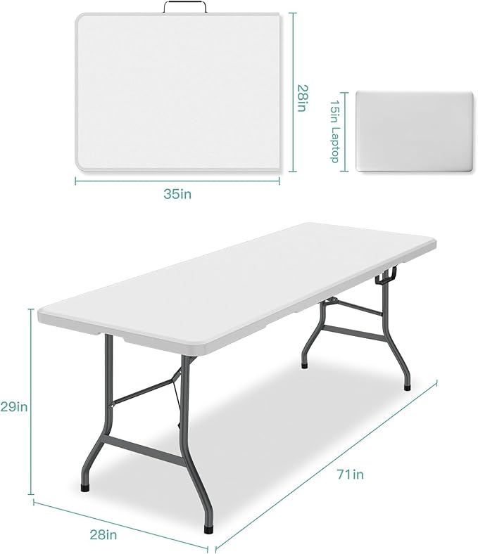 6ft Folding Table with Nylon Tablecloth, 71''D x 28''W x 29''H Heavy-Duty Foldable Plastic Table with Carry Handle for Picnic, Party, Dining, Camping - White (White, 6FT FoldingTable with Tablecloth)-NeatNest