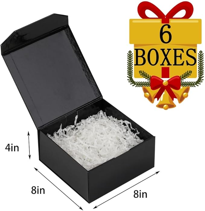 6 Pcs Small Black Gift Box 8x8x4 Inch Magnetic Gift Box Small Magnetic Box with Crinkle Paper Black Small Gift Box with Shredded Paper Luxury Gift Boxes with Lids for Presents-NeatNest