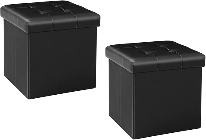 B FSOBEIIALEO Storage Ottoman Small Cube Foot Rest Seat Faux Leather Toy Chest Black 12.6"X12.6"X12.6" (2 Pack)