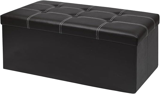 30 Inches Folding Storage Ottoman Bench, Faux Leather Footrest Ottoman, Storage Trunk Footrest for Bedroom, Living Room and Hallway, Support 350lbs, Black White line