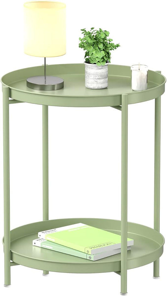 EKNITEY 2 Tier End Table - Metal Side Table Waterproof Small Sofa Coffee Side Tables Bedroom Indoor Outdoor with Removable Tray for Living Room Bedroom Balcony and Office (Atrovirens)-NeatNest