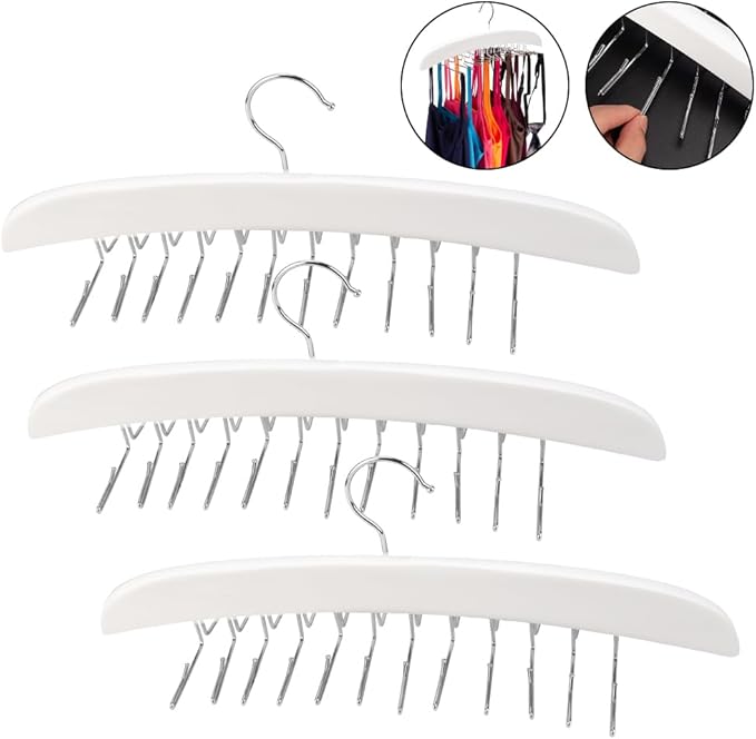 3 Pack Tank Top & Bra Hanger, Tie & Belt Hanger with Natural Wood, 24 Space Saving, 360 Rotating, Foldable Metal Hooks, Closet Organizer and Storage Rack for Tank Tops/Bras/Ties/Belt (White)-NeatNest