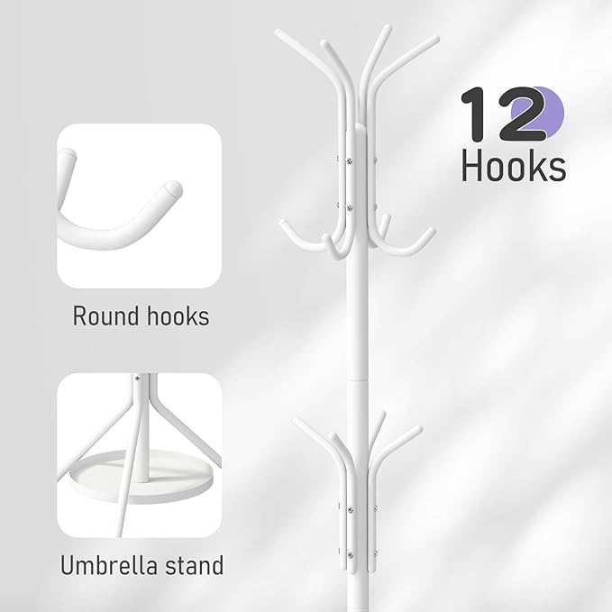 Coat Rack Freestanding Entryway Hanger Stand, Umbrella Holder, Hall Tree With 12 Hooks, Floor Standing Metal Tree Stand, White-NeatNest