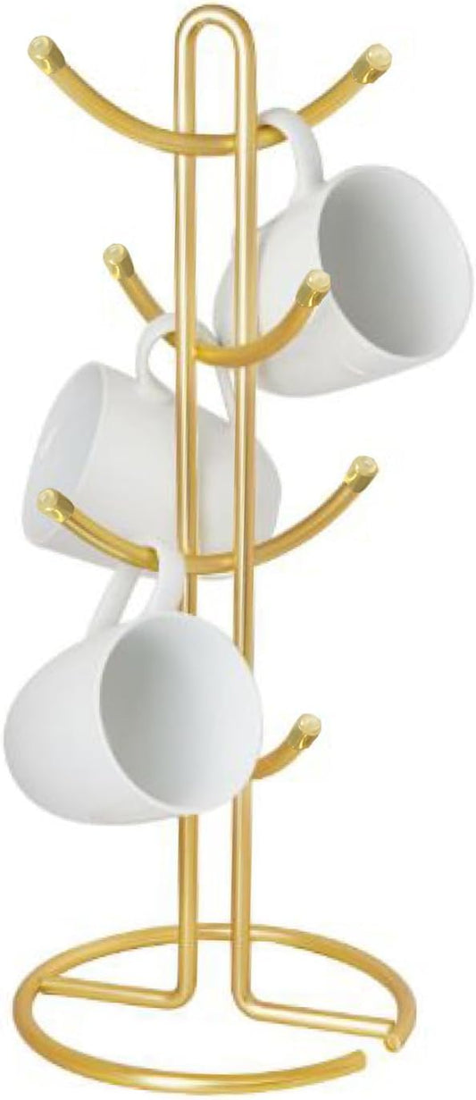 FitWell Coffee Mugs Holder, Mug Tree, Mug Organizer for Cabinet, Mugs Stand Rack, Coffee & Tea Cup Storage Rack (Gold, 8 Mugs Holder (17.5" H))-NeatNest