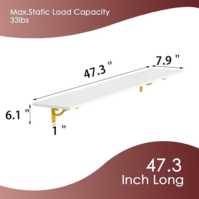 DINZI LVJ Long Wall Shelves, 47.3" Wall Mounted Shelves Set of 4, Wide Floating Shelf with Metal Brackets, for Living Room, Bathroom, Bedroom, Kitchen, Office, White and Gold-NeatNest