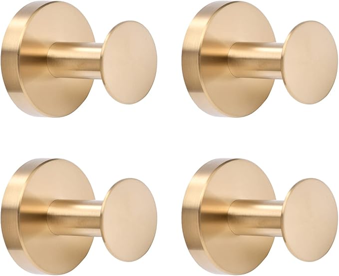 NEWRAIN Towel Hooks, 4 Pack Towel Holder for Bathroom Wall, Cabinet Closet Door, Kitchen, Bedroom, Hotel - Modern Design Effortless Mounting Towel Hangers, Robe Hook Brushed Gold
