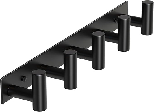 HUFEEOH Coat Hooks Wall Mount, Black T Shaped 5 Hooks Stainless Steel Wall Hooks Towel Rack for Hanging, Heavy Duty Key Holder Hat Rack Used for Bathroom Mudroom Entryway