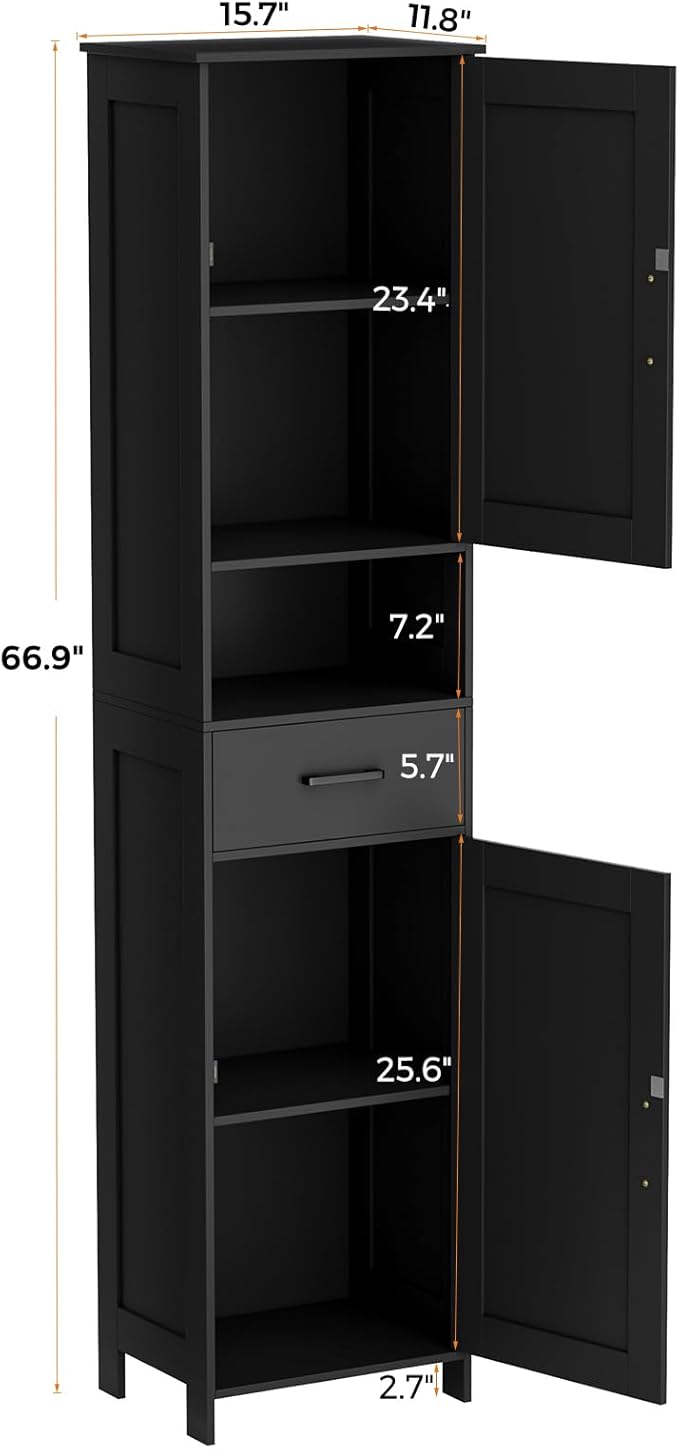 Homhedy 67" H Tall Bathroom Storage Cabinet with 2 Barn Doors and 1 Drawer, Storage Cabinet, Adjustable Shelves, Floor Cabinet for Bathroom, Living Room, Entryway, Kitchen, Black, (15.7" W)
