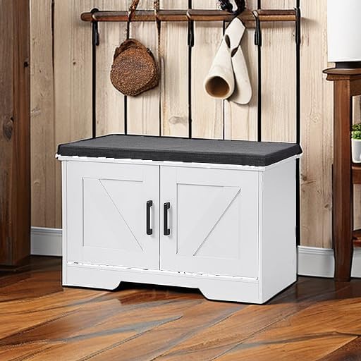 2-Tier Storage Bench, Shoe Bench with Padded Seat Cushion, Entryway Bench with 2 Barn Doors, Adjustable Shelf, 13.8" D x 27.6" W x 17.7" H, for Entryway, Living Room, Bedroom, White-NeatNest