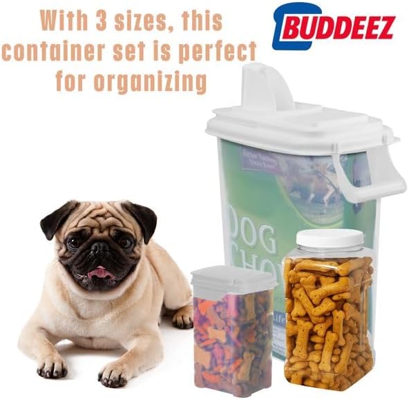 Buddeez Pet Food Storage Solution (Set of 3) - 32QT, 4QT & 2QT BPA-Free Containers with Scoop & Pour Spout for Dry Food, Treats, Chews, Made in USA-NeatNest