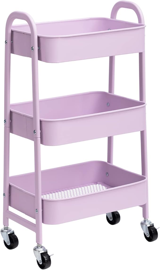 AGTEK Makeup Cart, Movable Rolling Organizer Cart, 3 Tier Metal Utility Cart with Lockable Wheels for Home & Office, Purple-NeatNest