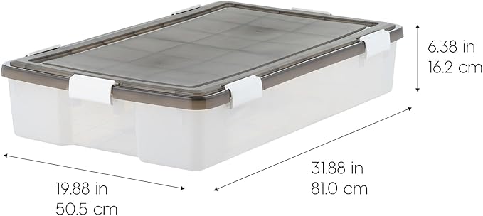 IRIS USA WeatherPro Underbed 47 Qt Storage Bins with Lids, 1 Pack, BPA-Free Plastic Gasket Box with Tight Latch and Seal, Stackable Nestable Underbed Tote Tub - Gray/Clear-NeatNest
