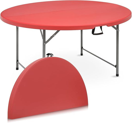 Athena Collection 5 ft Plastic Folding Dining Table, Large Foldable Round Card Table Portable with Carry Handle Heavy Duty Fold-in-Half for Indoor Outdoor Party Camping, Red-NeatNest
