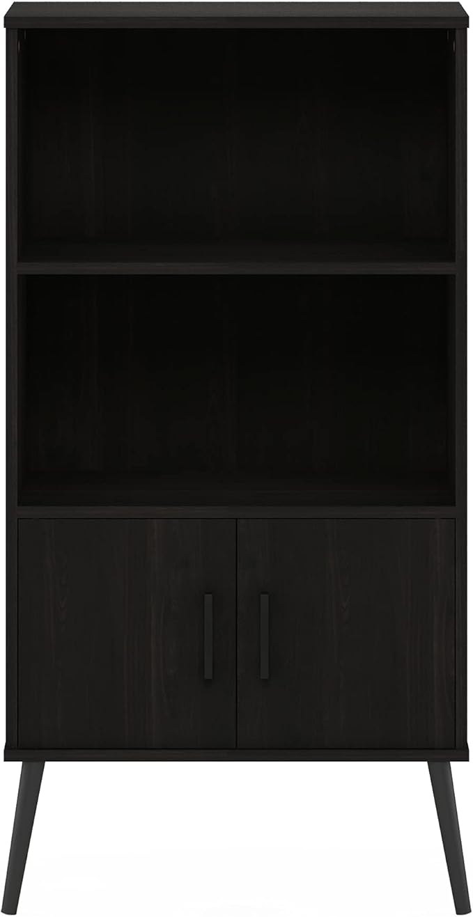 Furinno Claude Mid Century Style Accent Wooden Leg Bookcase Cabinet with Storage Organizer Shelves, Espresso