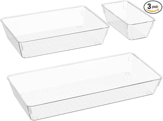 3 PCS Large Drawer Organizer, 3Sizes Plastic Versatile Desk Drawer Organizer Trays with Non-Slip Silicone Pads, Storage Bins for Makeup, Office, Kitchen Gadgets Utensils, Bedroom, Tools, Bathroom-NeatNest