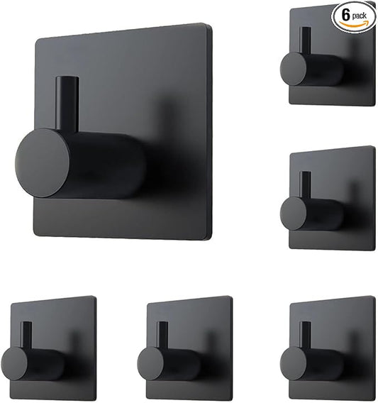 6 Pack Wall Sticky Hooks Adhesive, Self Adhesive Towel Hook, Small Stick on Hooks for Hanging Coat Key Bathrooms Kitchen, Black