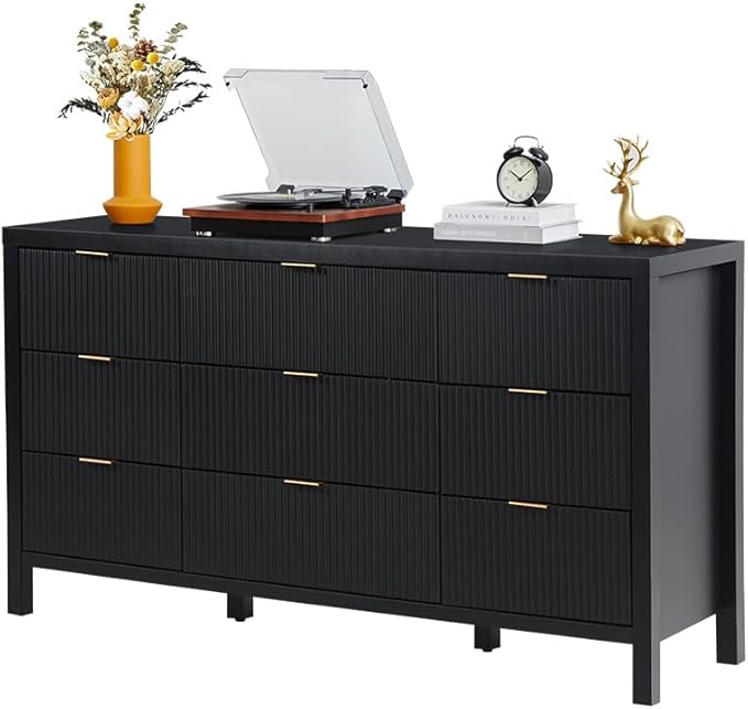 9 Drawer Dresser Cabinet, Long Nightstand with Drawers and Storage Cabinet, Solid Wood Dresser TV Stand, Mid Century Modern Nightstand with 9 Drawer Side Table for Bedroom Closet (Black)