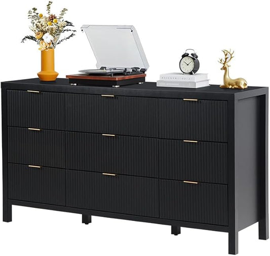 9 Drawer Dresser Cabinet, Long Nightstand with Drawers and Storage Cabinet, Solid Wood Dresser TV Stand, Mid Century Modern Nightstand with 9 Drawer Side Table for Bedroom Closet (Black)