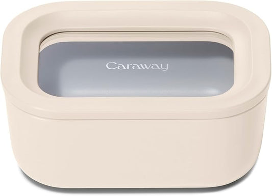 Caraway Mini Rectangle Food Storage Container - 2.6 Cup Glass Storage Container for Food - Non-Toxic Ceramic-Coated Glass - Air Release Technology - Compact & Stackable Design - Cream-NeatNest