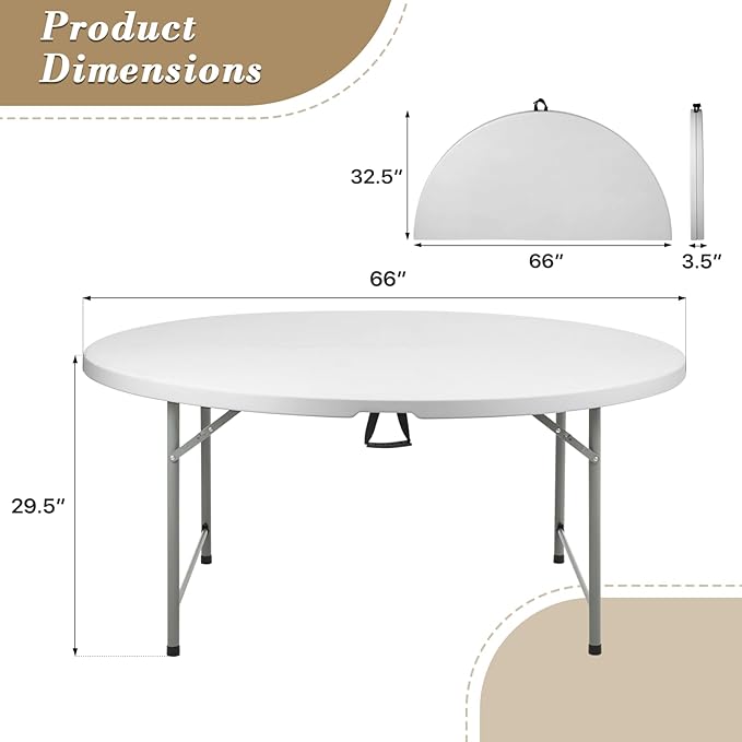 Athena Collection 5.5 ft Plastic Folding Dining Table, Large Foldable Round Card Table Portable with Carry Handle Heavy Duty Fold-in-Half for Indoor Outdoor Party Camping, Grey-NeatNest