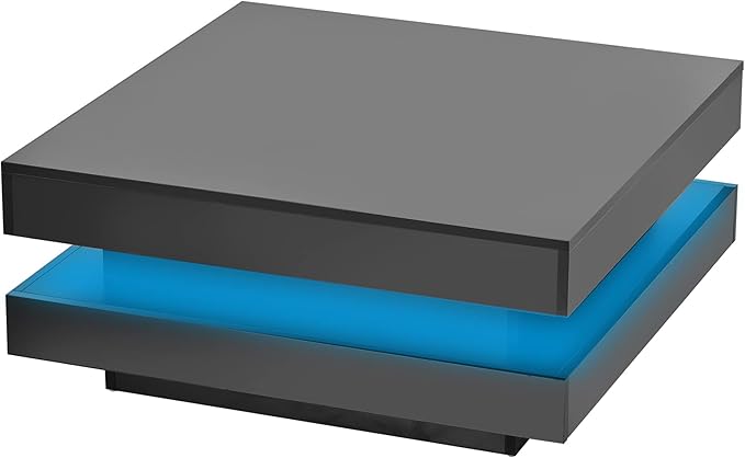High Gloss 2-Tier Square Coffee Table with LED Lights, Center Table for Living Room, 31.5" x 31.5" x 14.2", Black