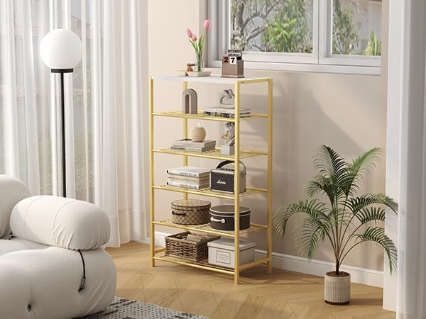 HOMEFORT Shoe Rack 6-Tier, Shoe Storage Shelf, Industrial Shoe Tower, Narrow Shoe Organizer for Closet Entryway, Small Shoe Rack Table with Durable Metal Shelves,Gold-NeatNest