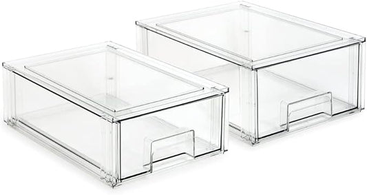 Isaac Jacobs Stackable Organizer Drawer Set (1 Medium, 1 Large), Clear Plastic Storage Boxes, Pull-Out Bins, Home, Office, Closet, Shoes, BPA-Free, Food/Fridge/Freezer Safe (1 Medium, 1 Large)