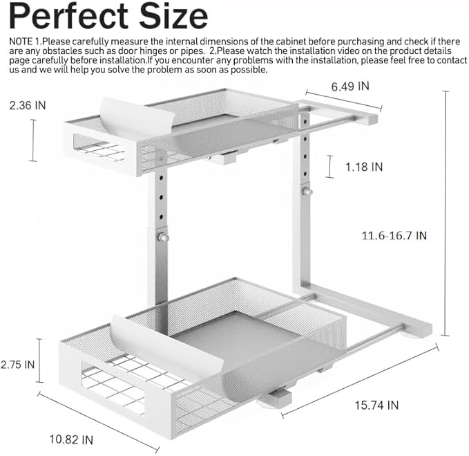 1 Pack 11.6"-16.7" H Under Sink Organizers And Storage Height Adjustable,2-Tier Pull Out Under Cabinet Shelf Organizer,Multi-Use Slide Out Drawer For Bathroom Kitchen Laundry-White-NeatNest