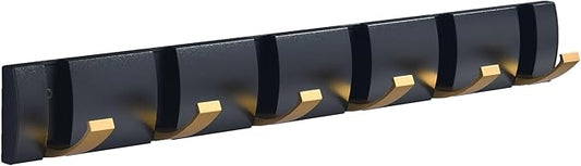 Coat Rack Wall Mount with 6 Hooks, 19.1 Inch Black Gold Modern Folding Coat Hook for Bathroom, Space Saving Towel Hooks for Hanging Coats, Hats, Scarves, Umbrella, and Keys-NeatNest