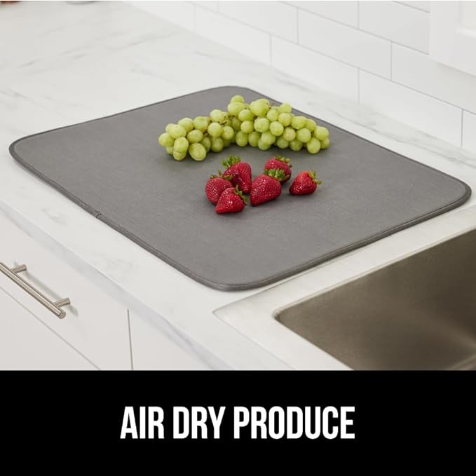GORILLA GRIP Ultra Water Absorbent Microfiber Dish Drying Mat, Quick Dry Thick Mesh, Slip Resistant Pad for Sink Dishes or Under Rack, Kitchen Counter Accessories, 16x18, Machine Wash Mats, Gray